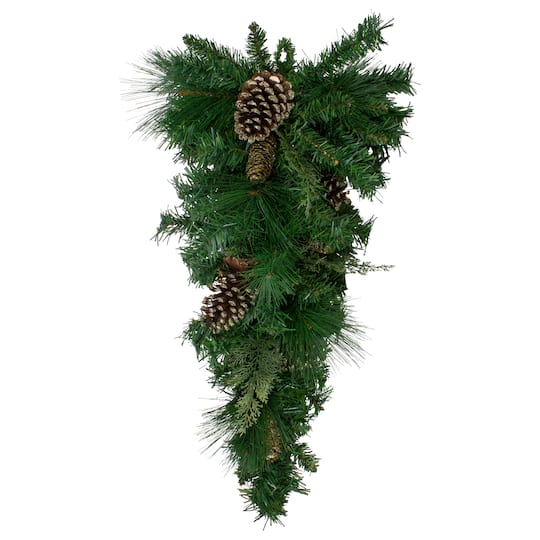 28" Unlit Mixed Pine, Pine Cones & Gold Glitter Teardrop Swag